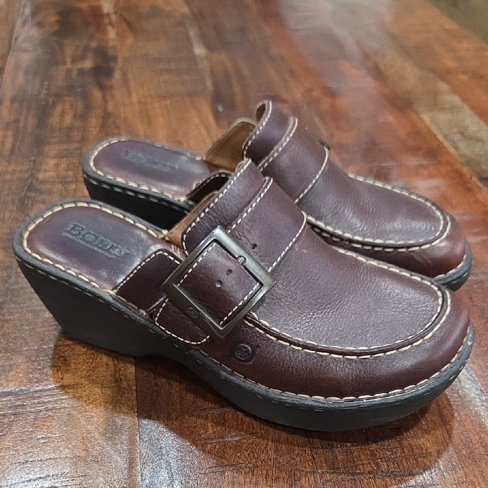 Born Dark Brown Leather Slip-On Clogs